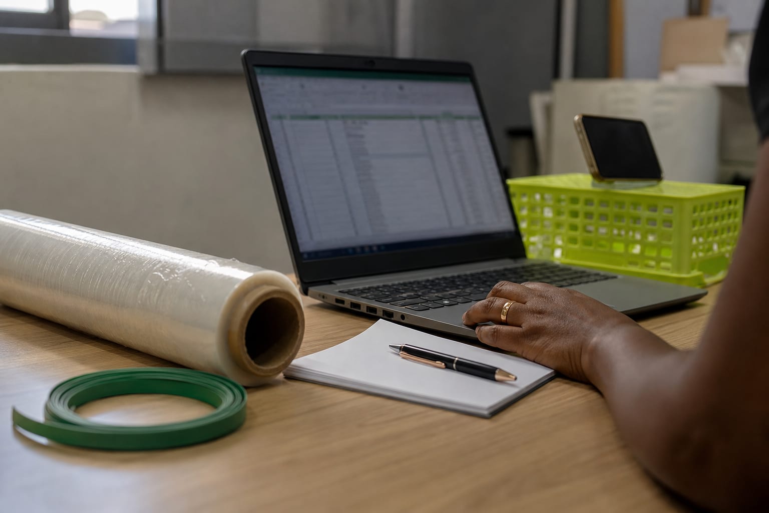 Mesa de trabalho com notebook, celular e bloco de anotações em um escritório de recursos humanos