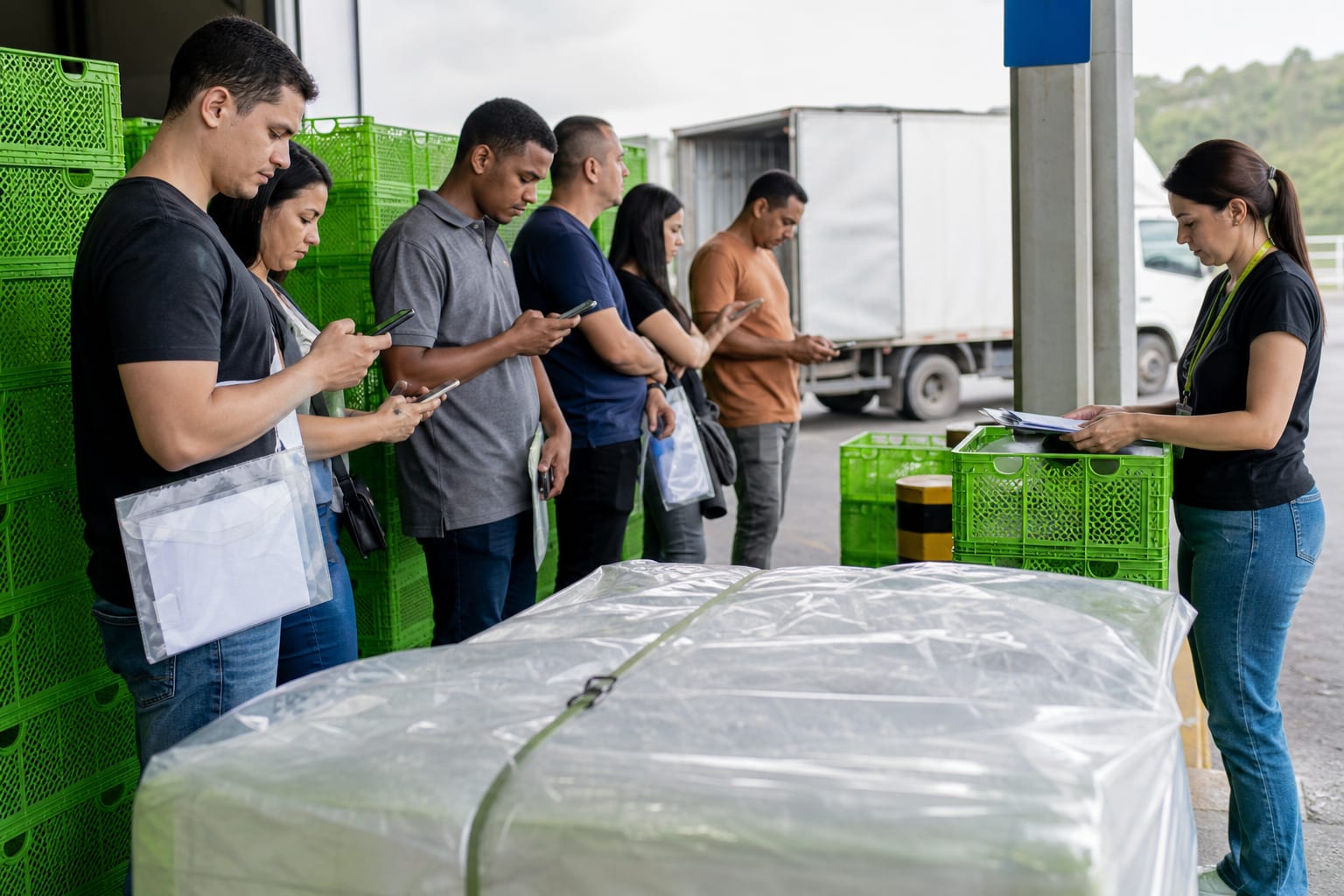 Candidatos esperando em pé na portaria de um centro de distribuição no começo da manhã, com celulares e pastas na mão, enquanto uma analista de recrutamento confere uma lista